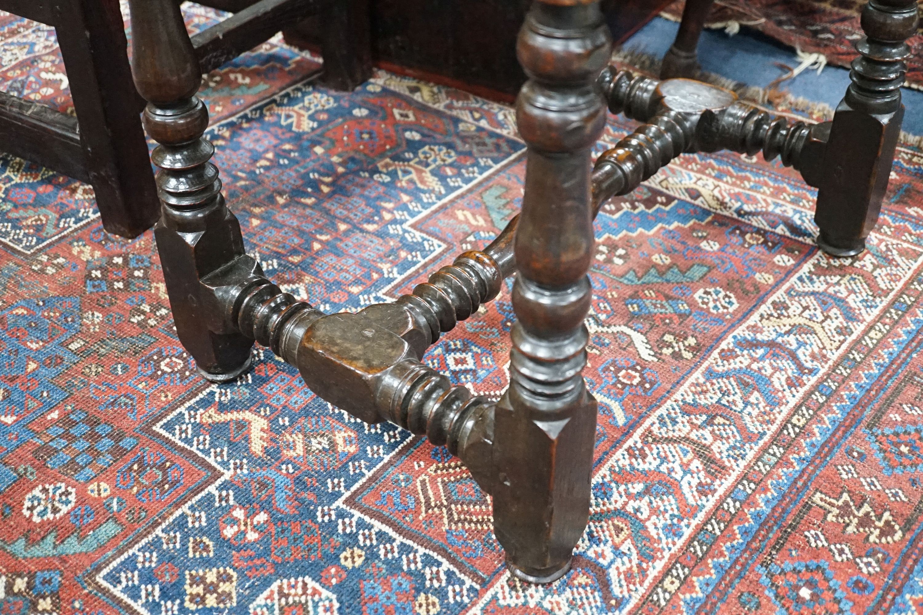 A William and Mary rectangular oak side table on turned legs with H stretcher, width 65cm, depth 50cm, height 69cm